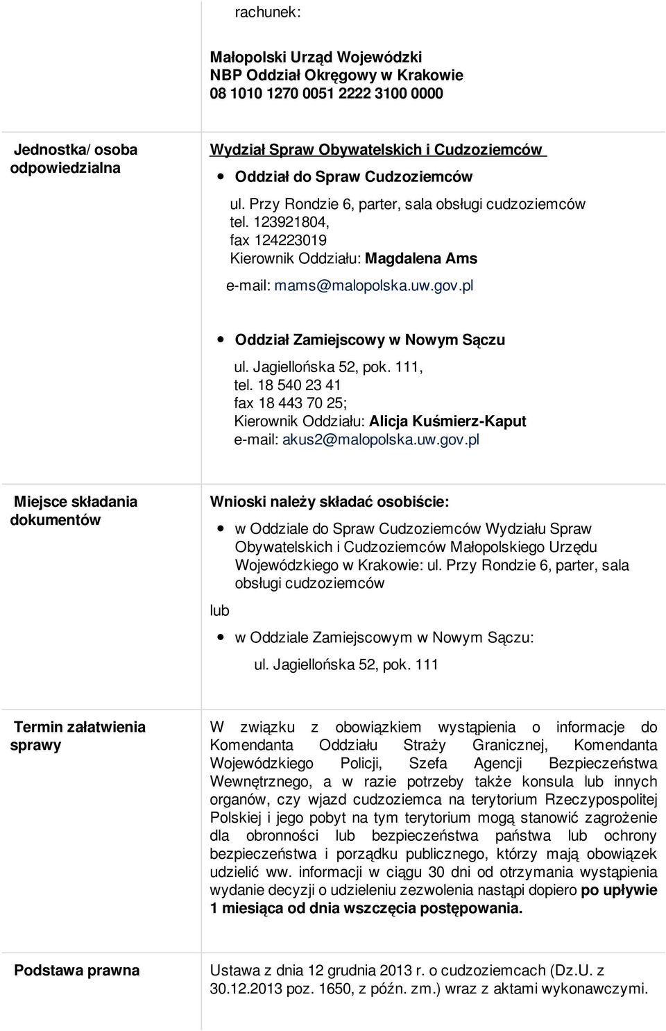 pl Oddział Zamiejscowy w Nowym Sączu ul. Jagiellońska 52, pok. 111, tel. 18 540 23 41 fax 18 443 70 25; Kierownik Oddziału: Alicja Kuśmierz-Kaput e-mail: akus2@malopolska.uw.gov.