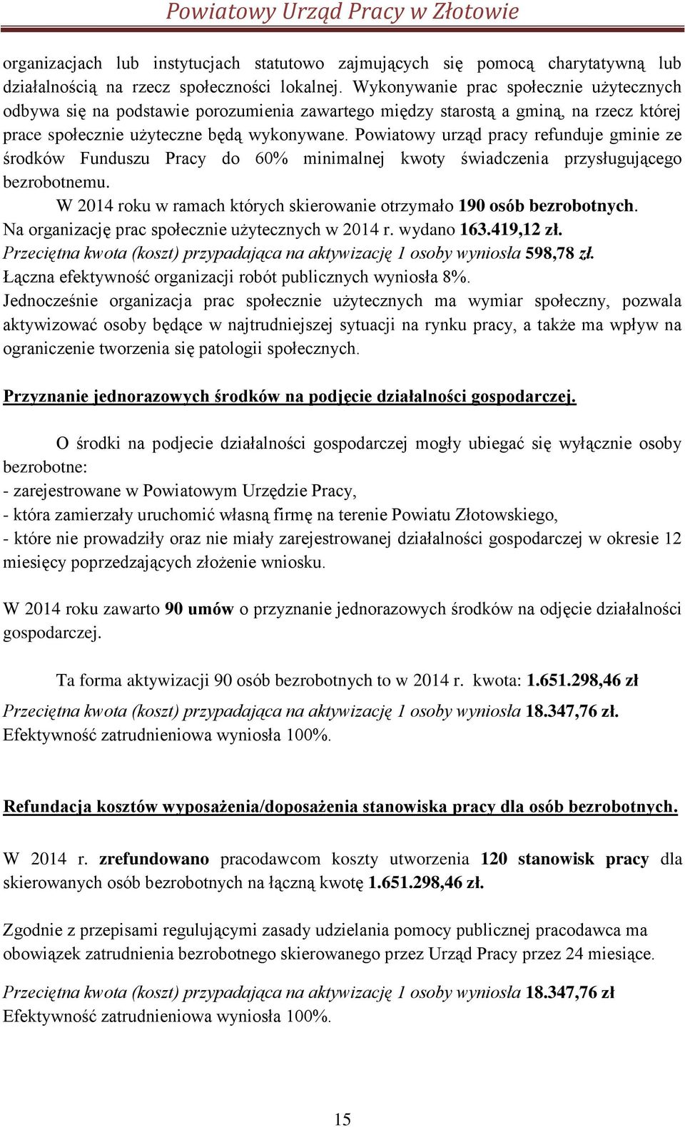 Powiatowy urząd pracy refunduje gminie ze środków Funduszu Pracy do 60% minimalnej kwoty świadczenia przysługującego bezrobotnemu.