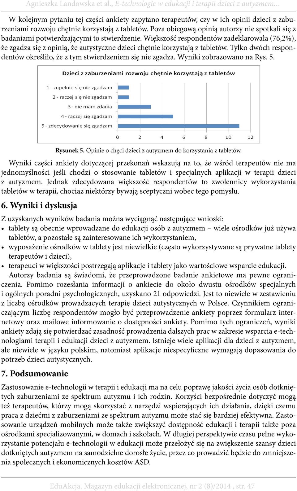 Większość respondentów zadeklarowała (76,2%), że zgadza się z opinią, że autystyczne dzieci chętnie korzystają z tabletów. Tylko dwóch respondentów określiło, że z tym stwierdzeniem się nie zgadza.