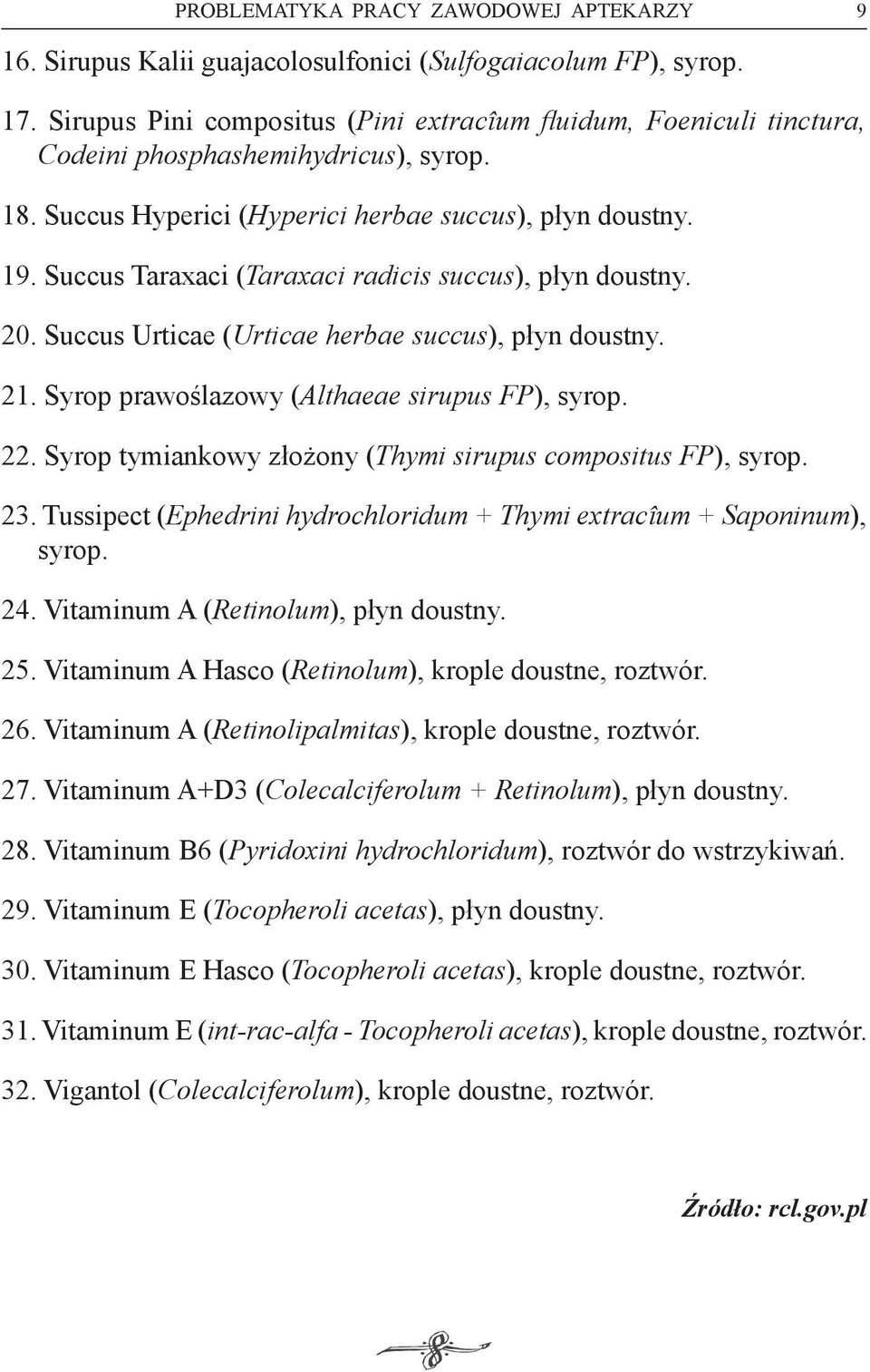 Succus Taraxaci (Taraxaci radicis succus), płyn doustny. 20. Succus Urticae (Urticae herbae succus), płyn doustny. 21. Syrop prawoślazowy (Althaeae sirupus FP), syrop. 22.