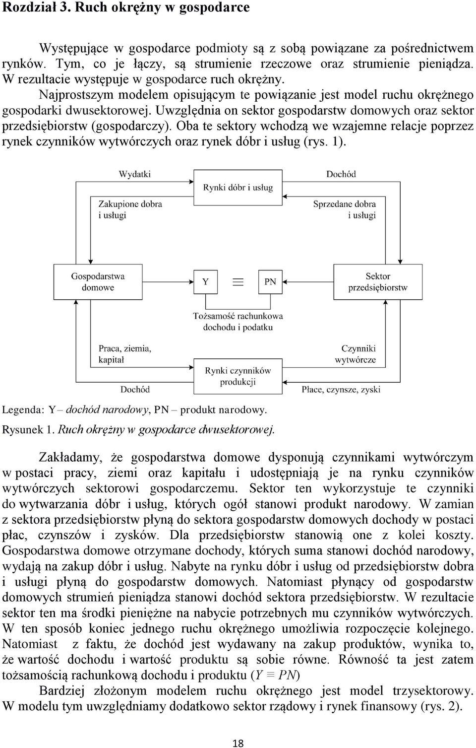 Uwzględnia on sektor gospodarstw domowych oraz sektor przedsiębiorstw (gospodarczy). Oba te sektory wchodzą we wzajemne relacje poprzez rynek czynników wytwórczych oraz rynek dóbr i usług (rys. 1).