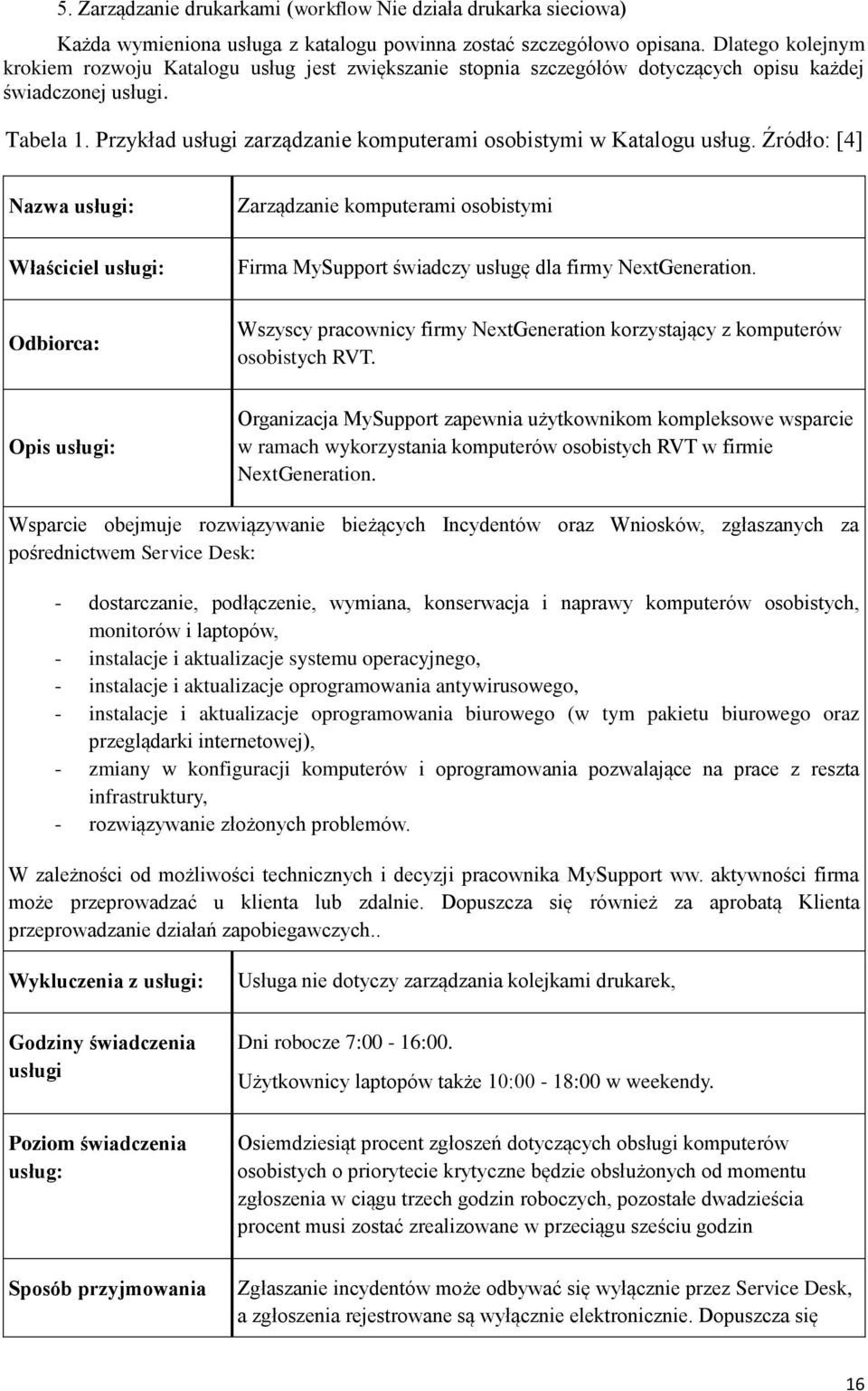 Przykład usługi zarządzanie komputerami osobistymi w Katalogu usług.