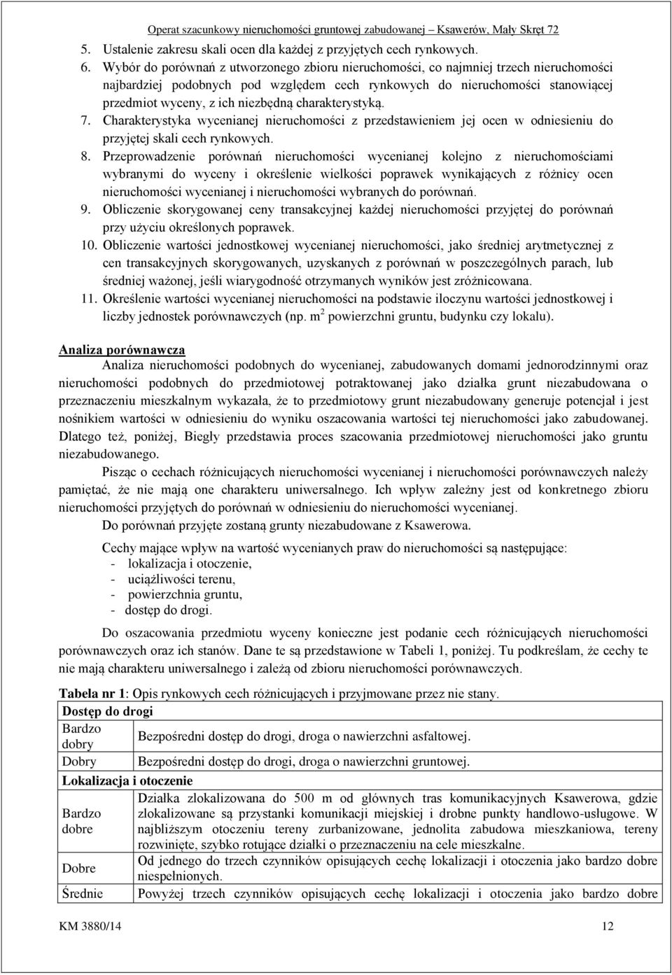 charakterystyką. 7. Charakterystyka wycenianej nieruchomości z przedstawieniem jej ocen w odniesieniu do przyjętej skali cech rynkowych. 8.