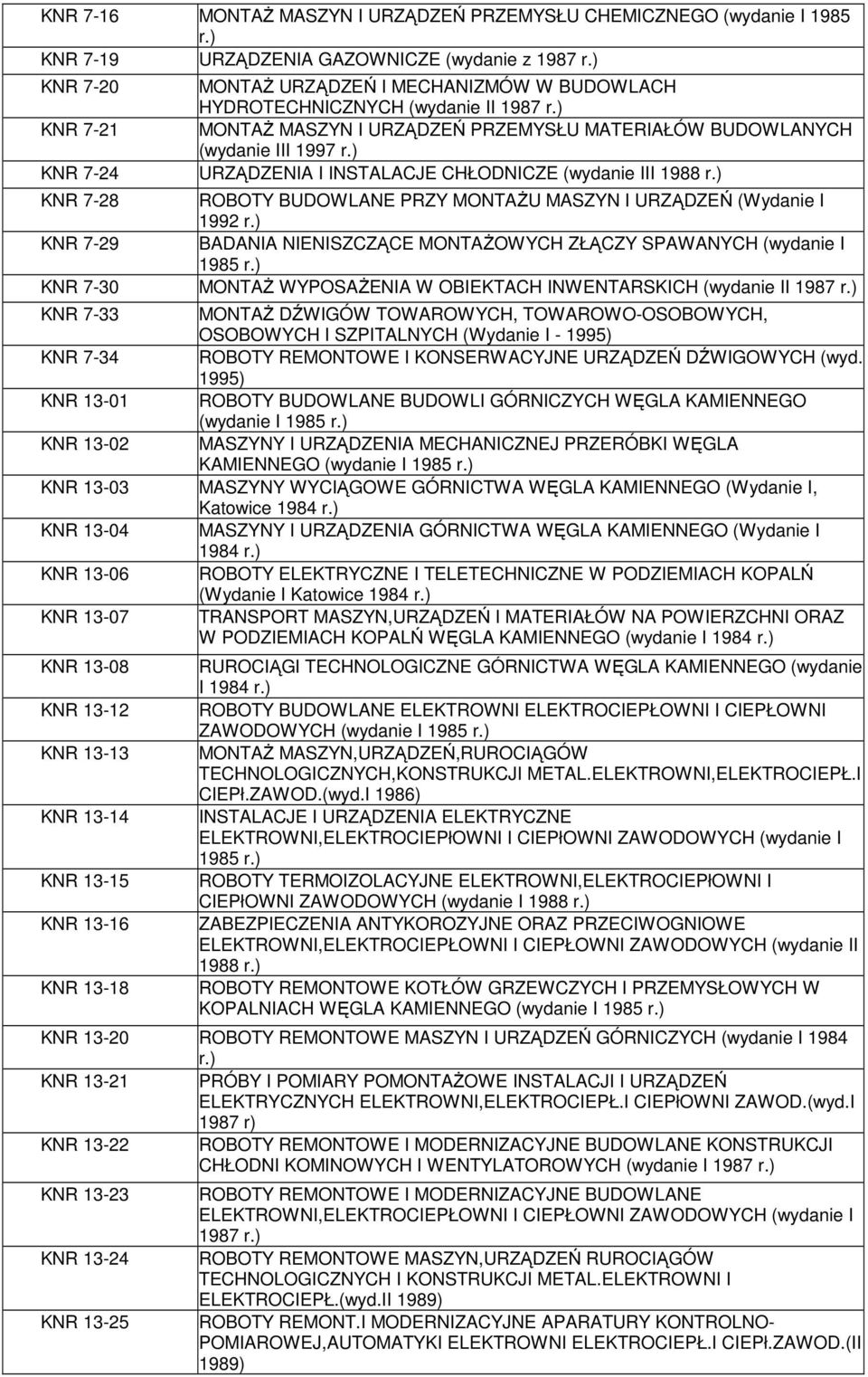 ) MONTAś MASZYN I URZĄDZEŃ PRZEMYSŁU MATERIAŁÓW BUDOWLANYCH (wydanie III 1997 r.) URZĄDZENIA I INSTALACJE CHŁODNICZE (wydanie III 1988 r.