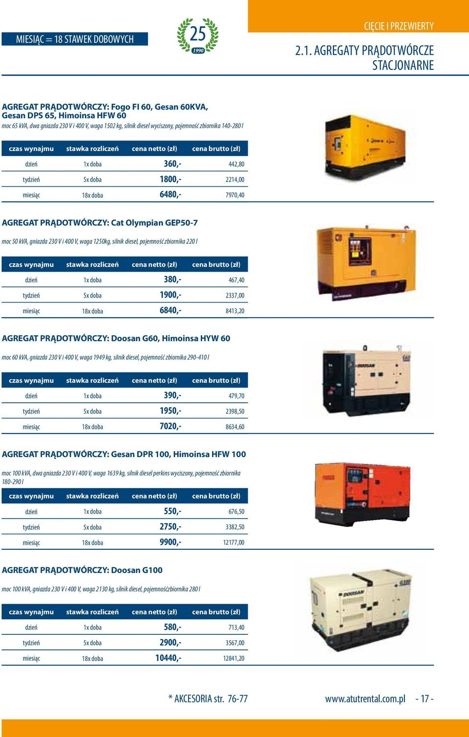 AGREGATY PRĄDOTWÓRCZE STACJONARNE AGREGAT PRĄDOTWÓRCZY: Fogo FI 60, Gesan 60KVA, Gesan DPS 65, Himoinsa HFW 60 moc 65 kva, dwa gniazda 230 V i 400 V, waga 1502 kg, silnik diesel wyciszony, pojemność