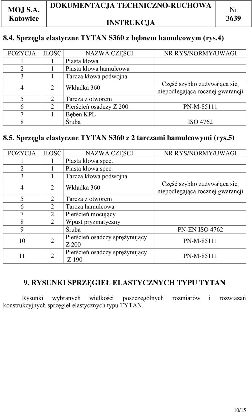 2 Tarcza z otworem 6 2 Pierścień osadczy Z 200 PN-M-85111 7 1 Bęben KPL 8 Śruba ISO 4762 8.5. Sprzęgła elastyczne TYTAN S360 z 2 tarczami hamulcowymi (rys.