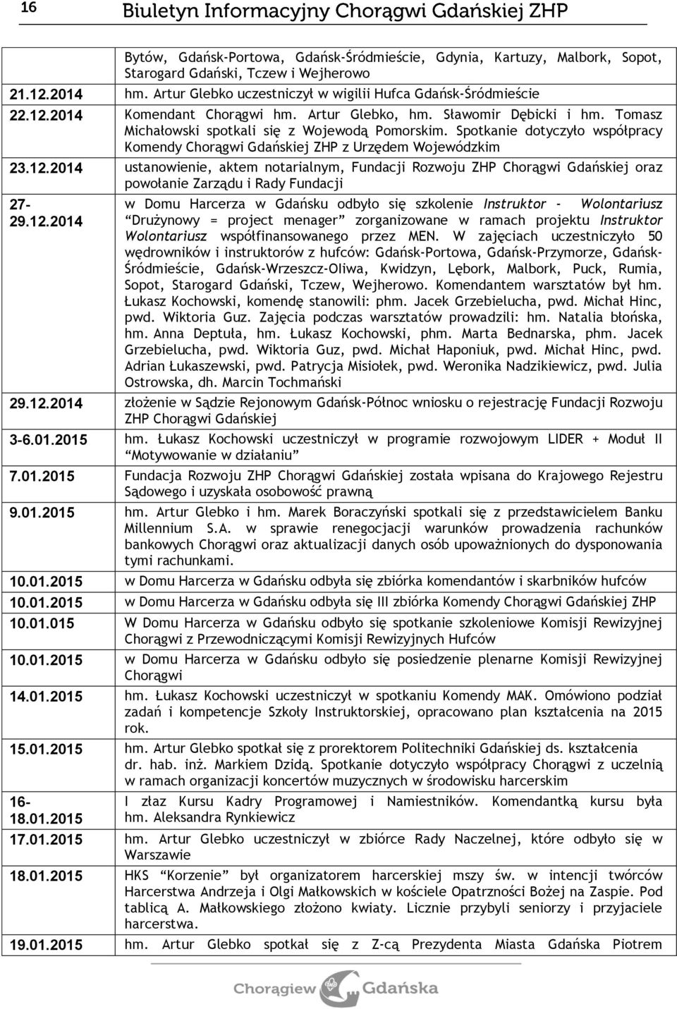 2014 ustanowienie, aktem notarialnym, Fundacji Rozwoju ZHP Chorągwi Gdańskiej oraz powołanie Zarządu i Rady Fundacji 27-29.12.