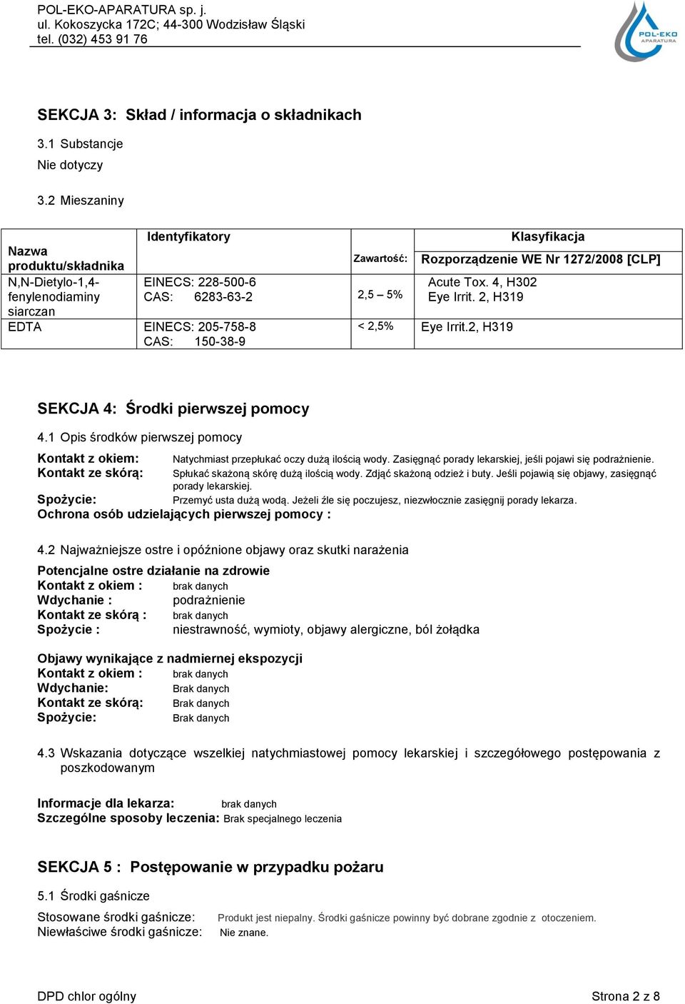 Rozporządzenie WE Nr 1272/2008 [CLP] Acute Tox. 4, H302 Eye Irrit. 2, H319 < 2,5% Eye Irrit.2, H319 SEKCJA 4: Środki pierwszej pomocy 4.