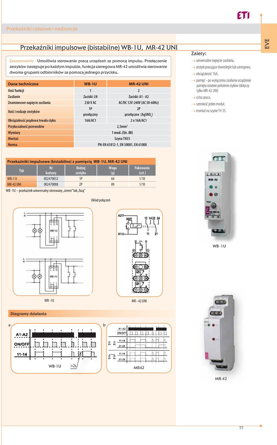 Dane techniczne WB-1U MR-42 UNI Ilość funkcji 1 2 Zasilanie Zaciski: LN Zaciski: A1 - A2 Znamionowe napięcie zasilania 230 V AC AC/DC 12V-240V (AC 50-60Hz) Ilość i rodzaje zestyków 1P przełączny 2P