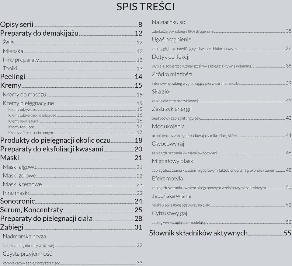 ..21 Maski algowe...21 Maski żelowe...22 Maski kremowe...23 Inne maski...23 Sonotronic...24 Serum, Koncentraty...25 Preparaty do pielęgnacji ciała...28 Zabiegi.