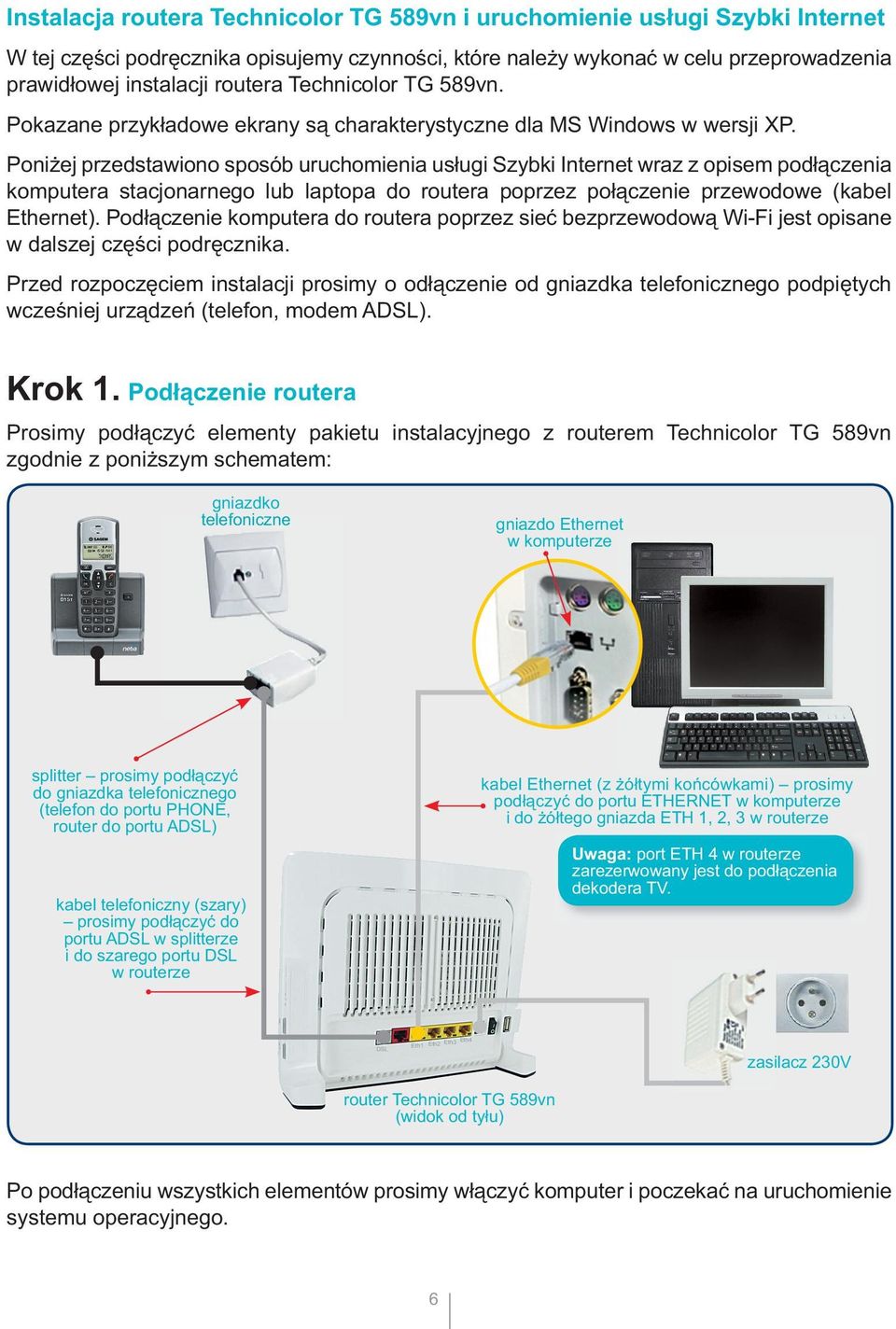 Poniżej przedstawiono sposób uruchomienia usługi Szybki Internet wraz z opisem podłączenia komputera stacjonarnego lub laptopa do routera poprzez połączenie przewodowe (kabel Ethernet).