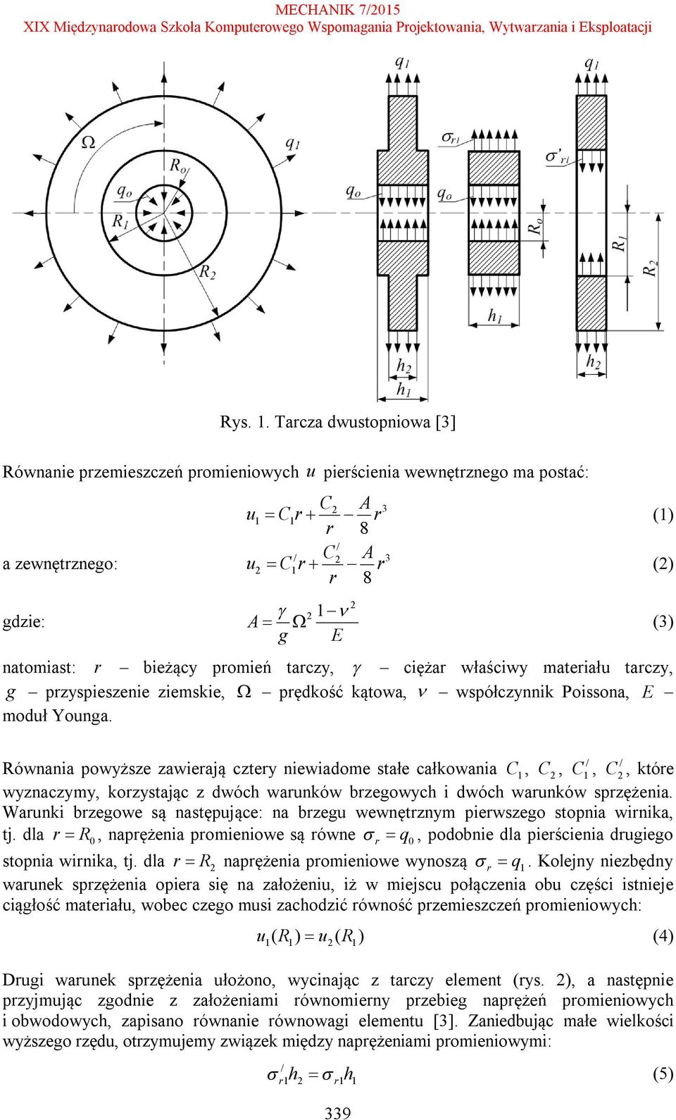 materiału tarczy, g przyspieszenie ziemskie, prędkość kątowa, współczynnik Poissona, E moduł Younga.