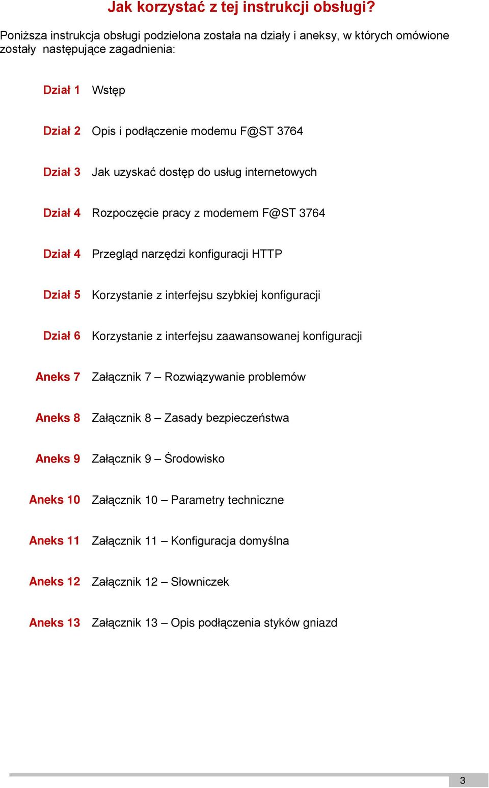 uzyskać dostęp do usług internetowych Dział 4 Rozpoczęcie pracy z modemem F@ST 3764 Dział 4 Przegląd narzędzi konfiguracji HTTP Dział 5 Korzystanie z interfejsu szybkiej konfiguracji Dział 6