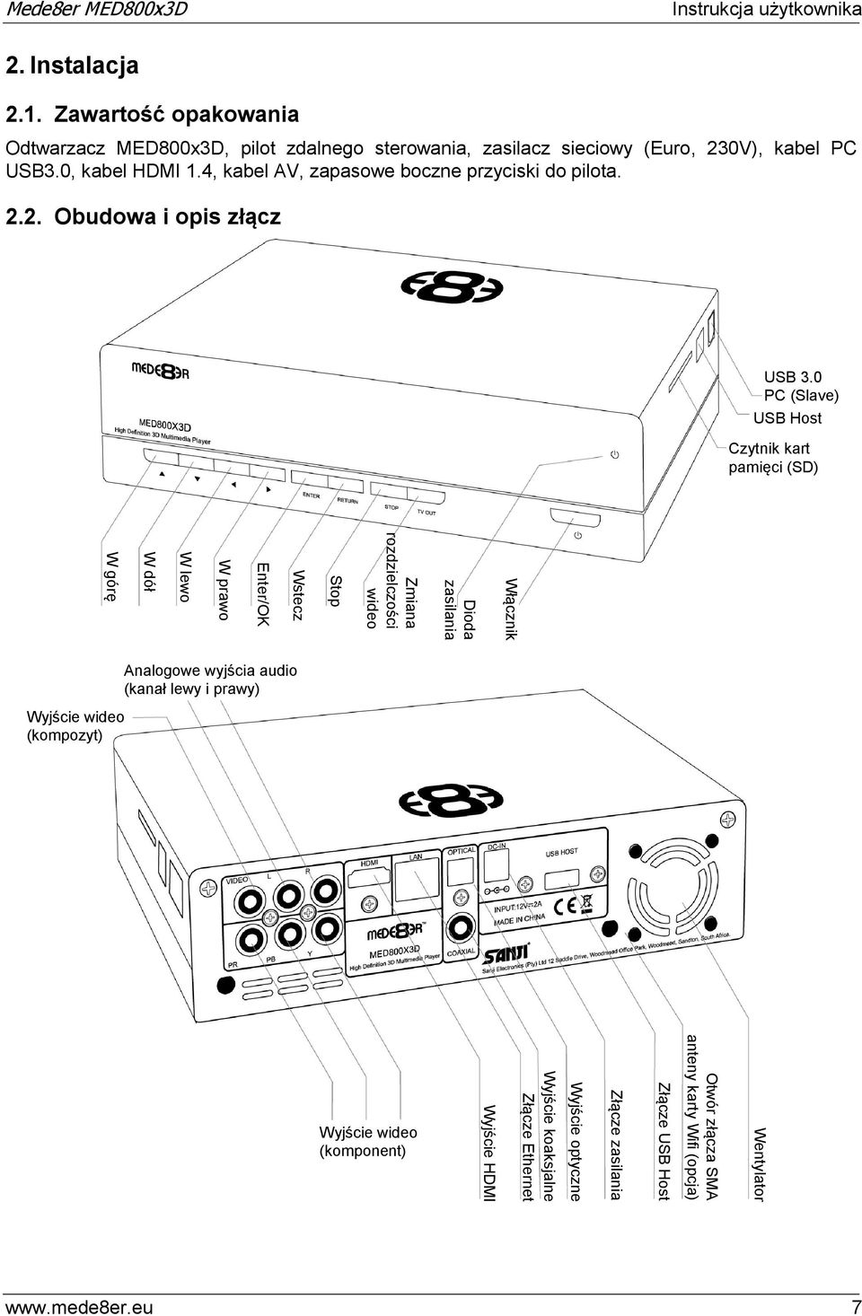 Zawartość opakowania Odtwarzacz MED800x3D, pilot zdalnego sterowania, zasilacz sieciowy (Euro, 230V), kabel PC USB3.0, kabel HDMI 1.