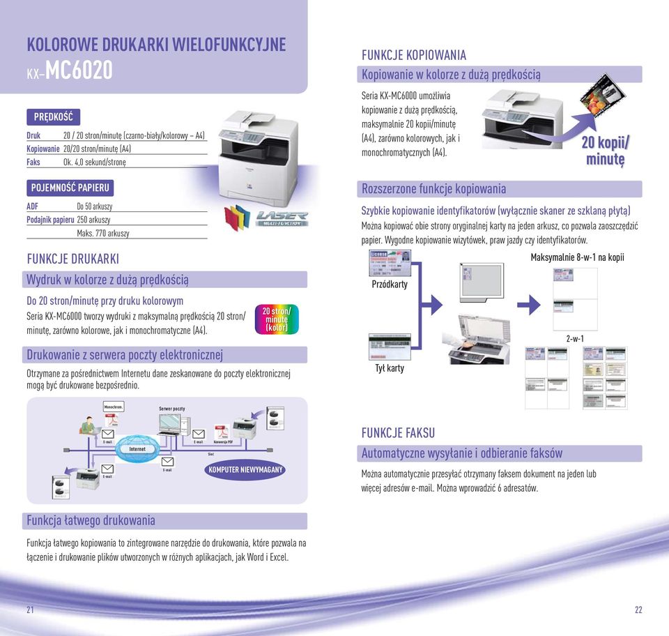 monochromatycznych (A4). 20 kopii/ minutę POJEMNOŚĆ PAPIERU ADF Do 50 arkuszy Podajnik papieru 250 arkuszy Maks.