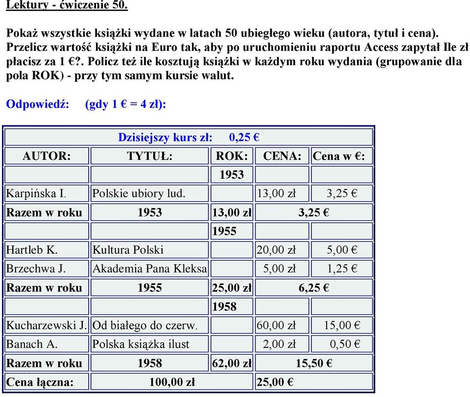 . Policz też ile kosztują książki w każdym roku wydania (grupowanie dla pola ROK) - przy tym samym kursie walut.