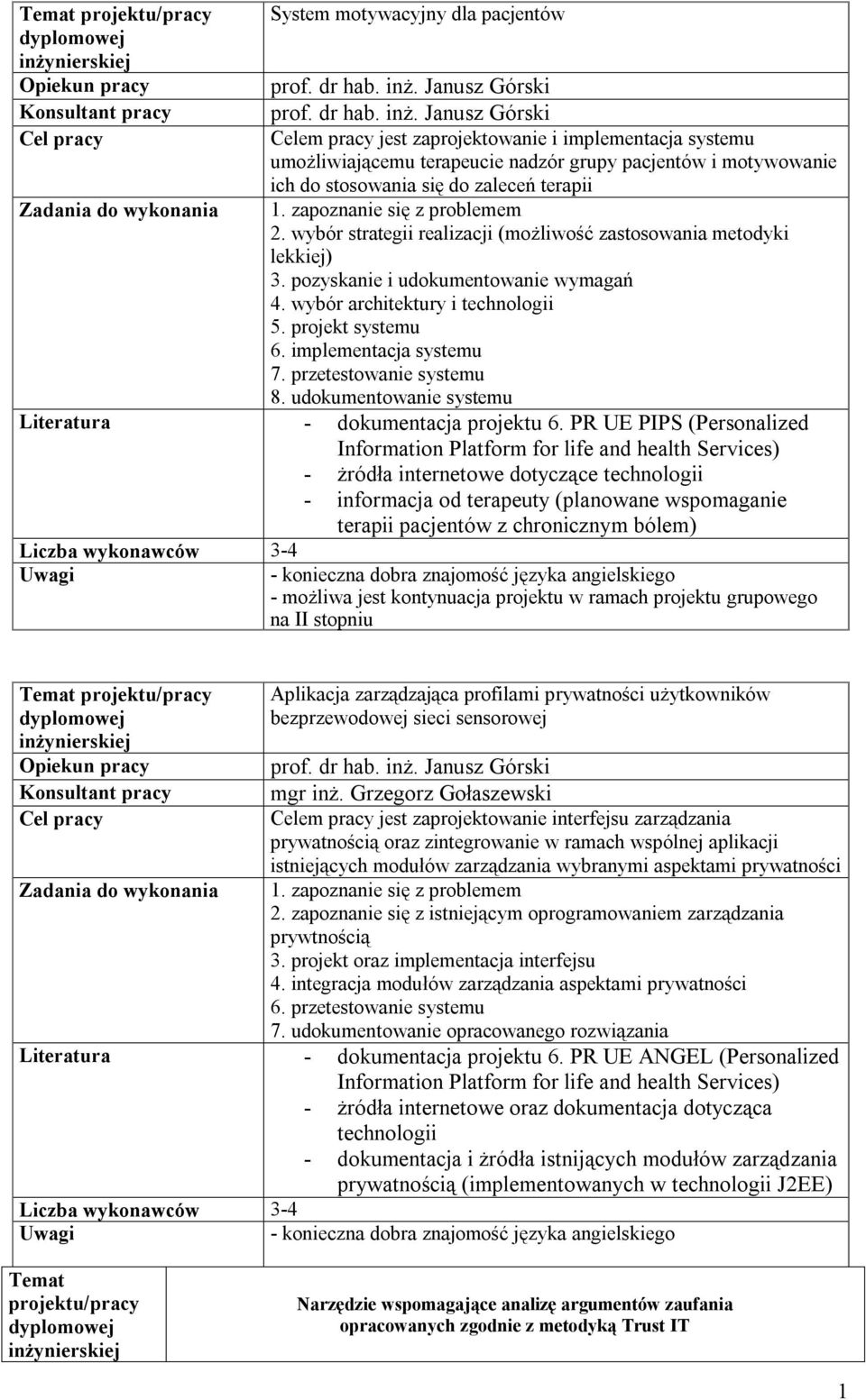 Janusz Górski Celem pracy jest zaprojektowanie i implementacja systemu umożliwiającemu terapeucie nadzór grupy pacjentów i motywowanie ich do stosowania się do zaleceń terapii 1.