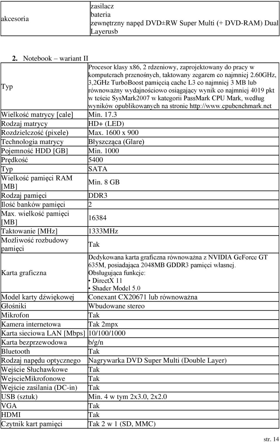 60GHz, Typ 3,2GHz TurboBoost ą cache L3 co najmniej 3 MB lub równoważny wydajnościowo osiągający wynik co najmniej 4019 pkt w teście SysMark2007 w kategorii PassMark CPU Mark, według wyników