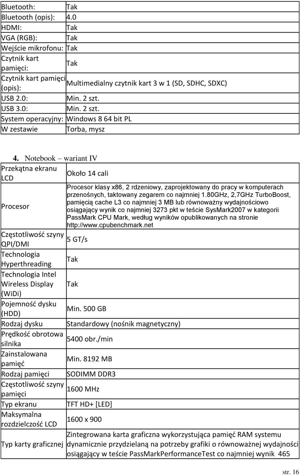 Notebook wariant IV Przekątna ekranu Około 14 cali LCD Procesor Częstotliwośd szyny 5 GT/s QPI/DMI Technologia Hyperthreading Technologia Intel Wireless Display (WiDi) Procesor klasy x86, 2