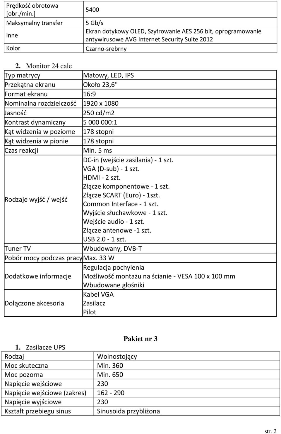 poziome 178 stopni Kąt widzenia w pionie 178 stopni Czas reakcji Min. 5 ms DC-in (wejście zasilania) - 1 szt. VGA (D-sub) - 1 szt. HDMI - 2 szt. Złącze komponentowe - 1 szt.