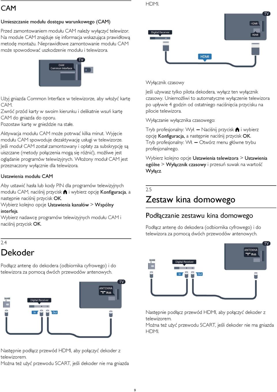 Uniemożliwi to automatyczne wyłączenie telewizora po upływie 4 godzin od ostatniego naciśnięcia przycisku na pilocie telewizora. Użyj gniazda Common Interface w telewizorze, aby włożyć kartę CAM.