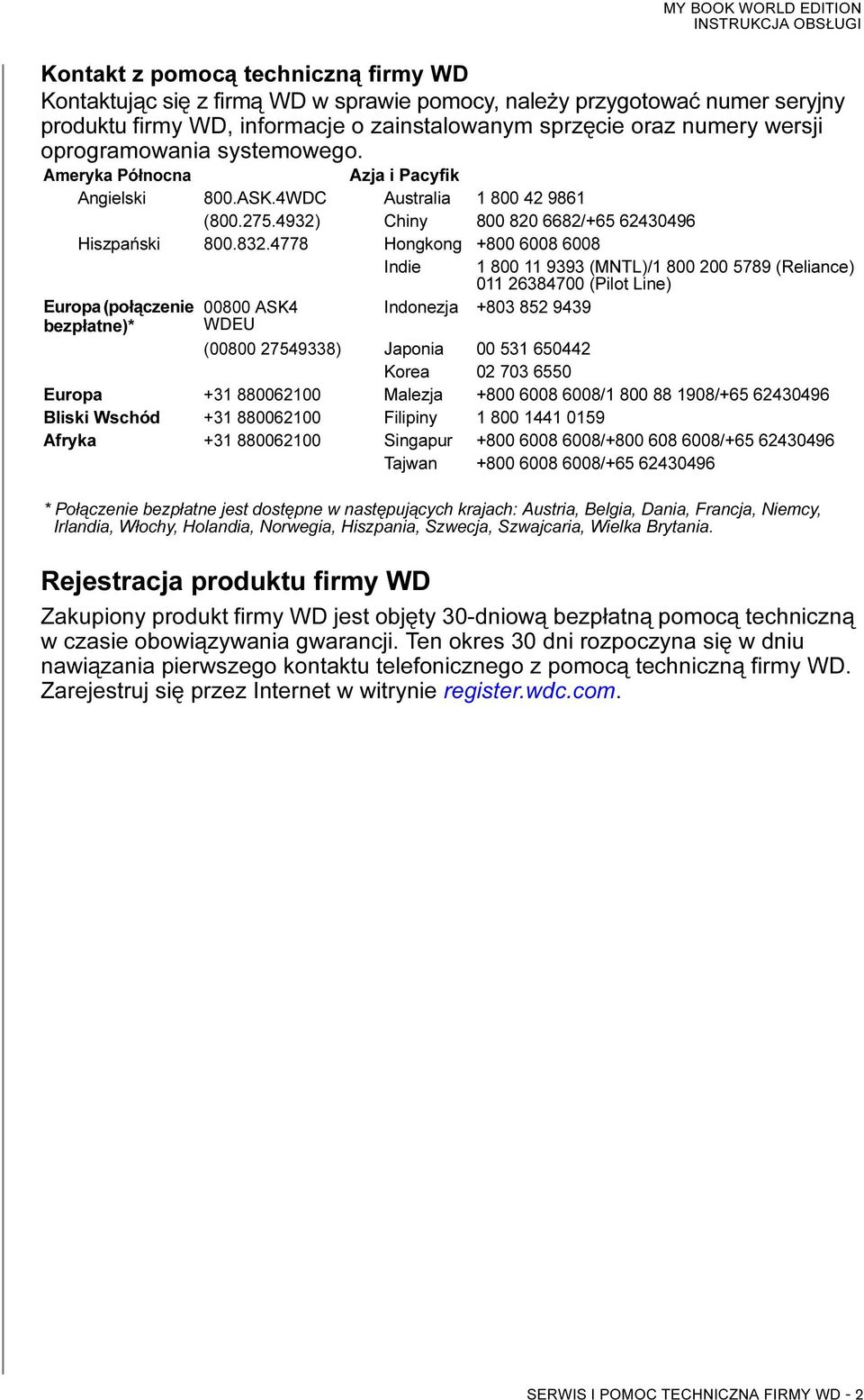 4778 Hongkong +800 6008 6008 Indie 1 800 11 9393 (MNTL)/1 800 200 5789 (Reliance) 011 26384700 (Pilot Line) Europa (połączenie 00800 ASK4 Indonezja +803 852 9439 bezpłatne)* WDEU (00800 27549338)