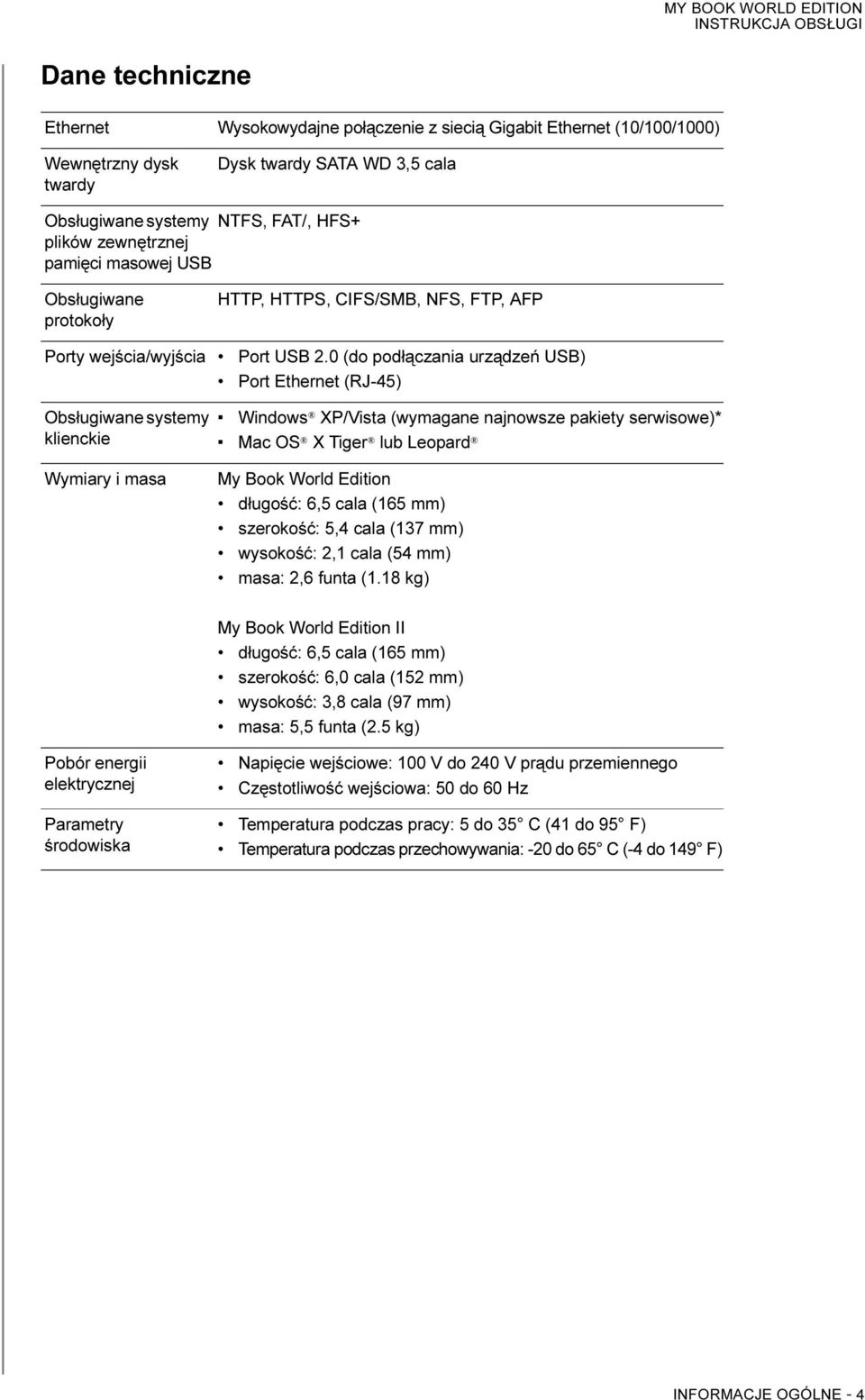 0 (do podłączania urządzeń USB) Port Ethernet (RJ-45) Obsługiwane systemy klienckie Windows XP/Vista (wymagane najnowsze pakiety serwisowe)* Mac OS X Tiger lub Leopard Wymiary i masa My Book World