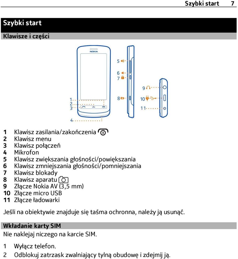 Złącze Nokia AV (3,5 mm) 10 Złącze micro USB 11 Złącze ładowarki Jeśli na obiektywie znajduje się taśma ochronna, należy ją