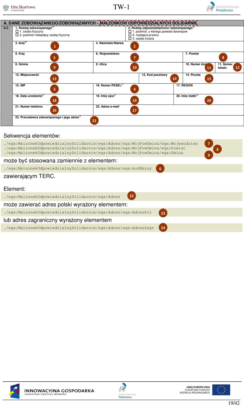 Numer lokalu 12. Miejscowość 13. Kod pocztowy 1. Poczta 1. NIP 16. Numer PESEL 3) 17. REGON 18. Data urodzenia 3) 19. Imię ojca 3) 20. Imię matki 3) 21. Numer telefonu 22. Adres e-mail 23.