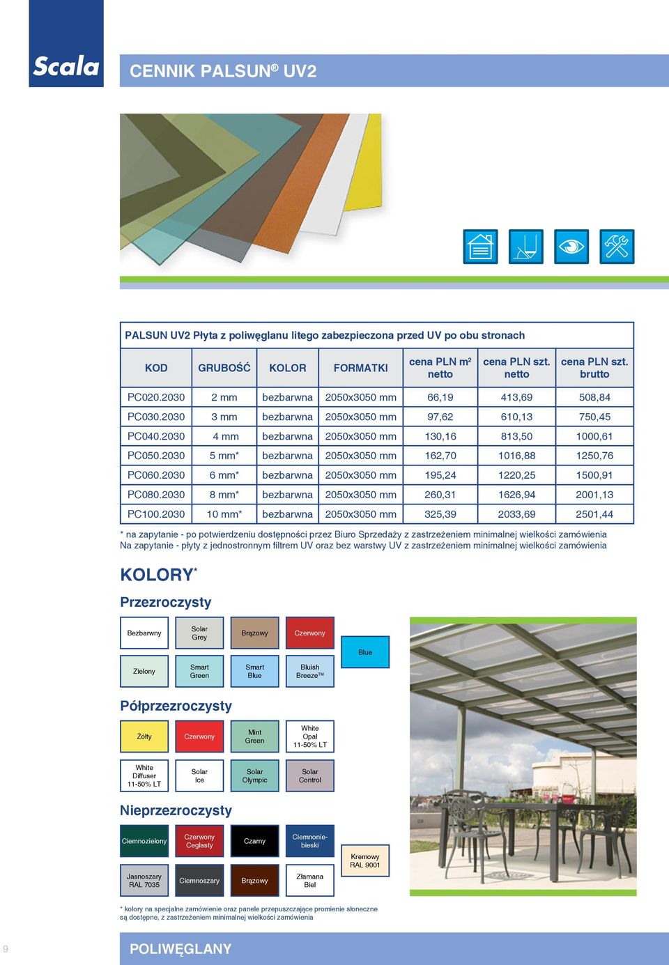 2030 6 mm* bezbarwna 2050x3050 mm 195,24 1220,25 1500,91 PC080.2030 8 mm* bezbarwna 2050x3050 mm 260,31 1626,94 2001,13 PC100.