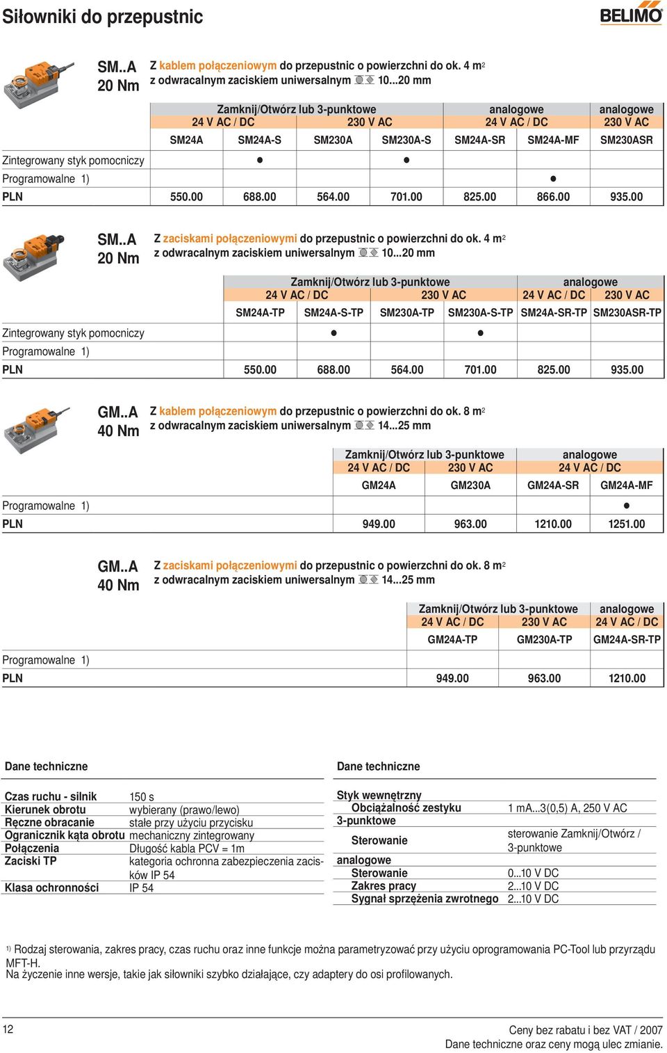 Programowalne 1) PLN 550.00 688.00 564.00 701.00 825.00 866.00 935.00 SM..A 20 Nm Z zaciskami połączeniowymi do przepustnic o powierzchni do ok. 4 m 2 z odwracalnym zaciskiem uniwersalnym 10.