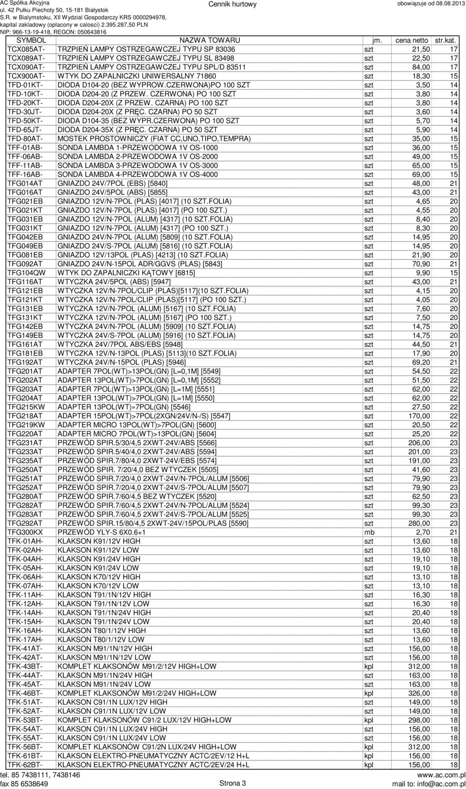 CZERWONA) PO 100 SZT szt 3,80 14 TFD-20KT- DIODA D204-20X (Z PRZEW. CZARNA) PO 100 SZT szt 3,80 14 TFD-30JT- DIODA D204-20X (Z PRĘC. CZARNA) PO 50 SZT szt 3,60 14 TFD-50KT- DIODA D104-35 (BEZ WYPR.