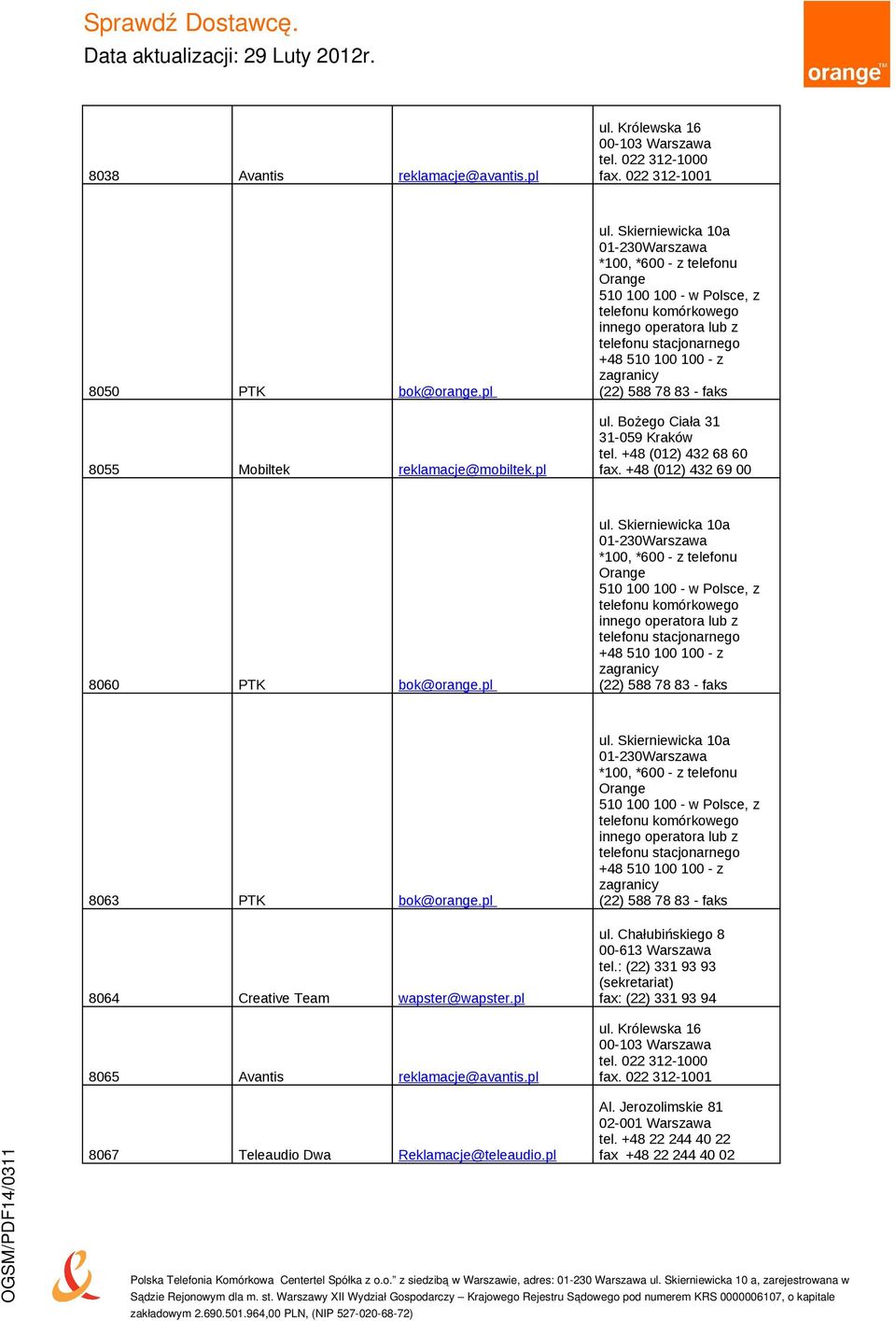 83 - faks 8060 PTK bok@orange.pl ul.  83 - faks 8063 PTK bok@orange.pl 8064 Creative Team wapster@wapster.pl 8065 Avantis reklamacje@avantis.pl ul.  83 - faks 8067 Teleaudio Dwa Reklamacje@teleaudio.