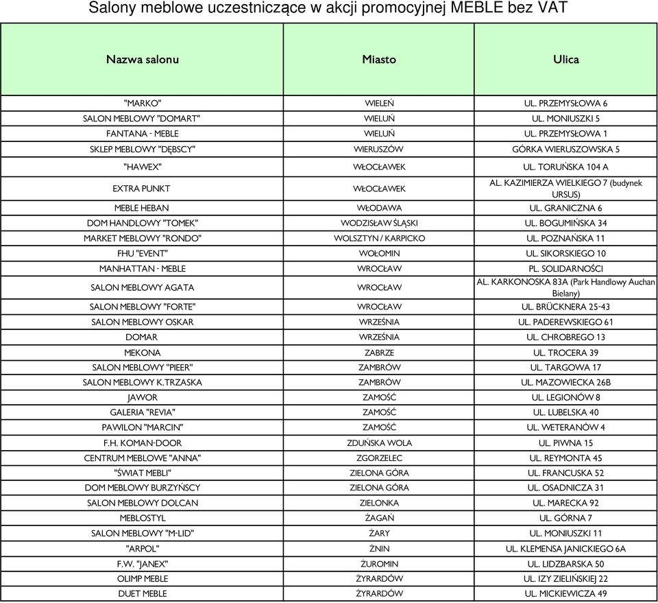 BOGUMIŃSKA 34 MARKET MEBLOWY "RONDO" WOLSZTYN / KARPICKO UL. POZNAŃSKA 11 FHU "EVENT" WOŁOMIN UL. SIKORSKIEGO 10 MANHATTAN - MEBLE WROCŁAW PL. SOLIDARNOŚCI SALON MEBLOWY AGATA WROCŁAW AL.
