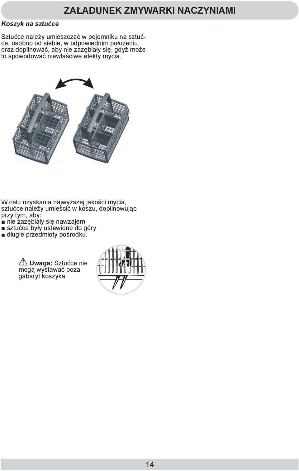W celu uzyskania najwyższej jakości mycia, sztućce należy umieścić w koszu, dopilnowując przy tym, aby: nie zazębiały