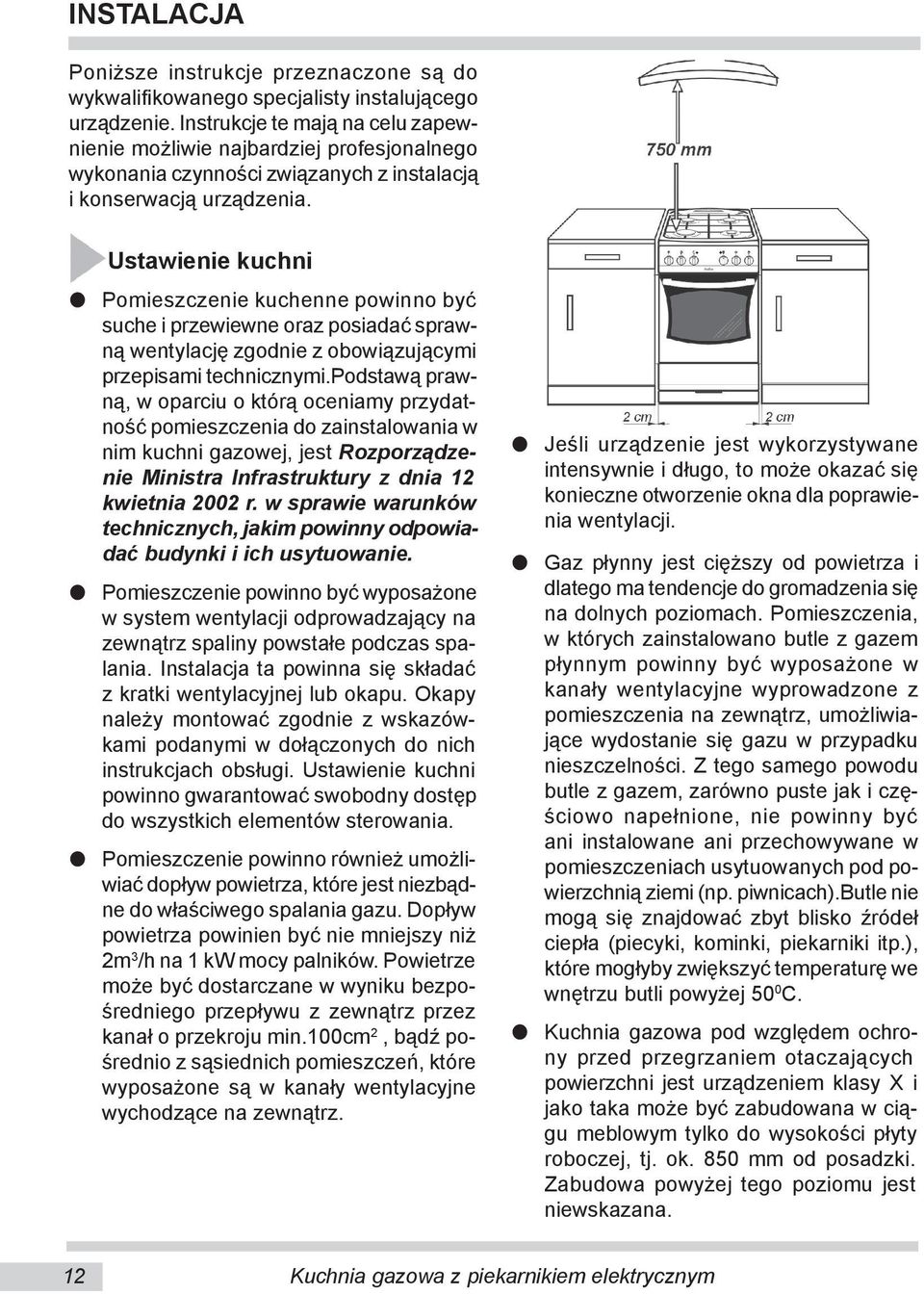 Ustawienie kuchni Pomieszczenie kuchenne powinno być suche i przewiewne oraz posiadać sprawną wentylację zgodnie z obowiązującymi przepisami technicznymi.