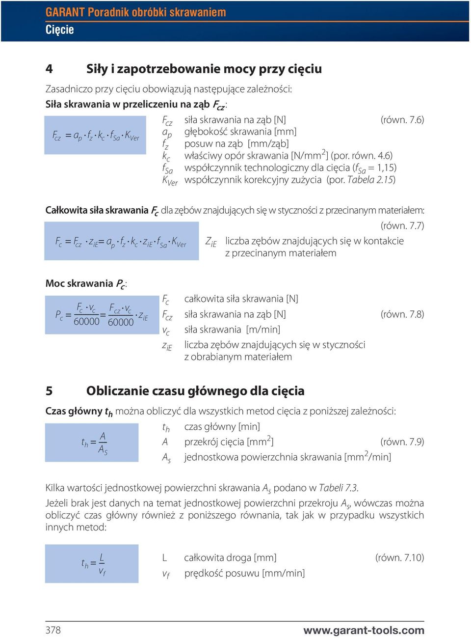 6) f Sa współczynnik technologiczny dla cięcia (f Sa = 1,15) K Ver współczynnik korekcyjny zużycia (por. Tabela 2.