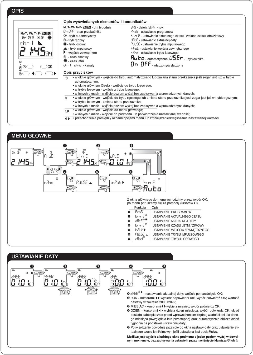 - czas zimowy - czas letni - automatyczne, - użytkownika - kanały - włączony/wyłączony Opis przycisków w oknie głównym - wejście do trybu automatycznego lub zmiana stanu przekaźnika jeśli zegar jest