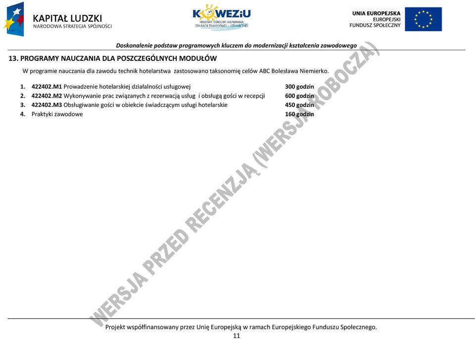 422402.M2 Wykonywanie prac związanych z rezerwacją usług i obsługą gości w recepcji 600 godzin 3. 422402.