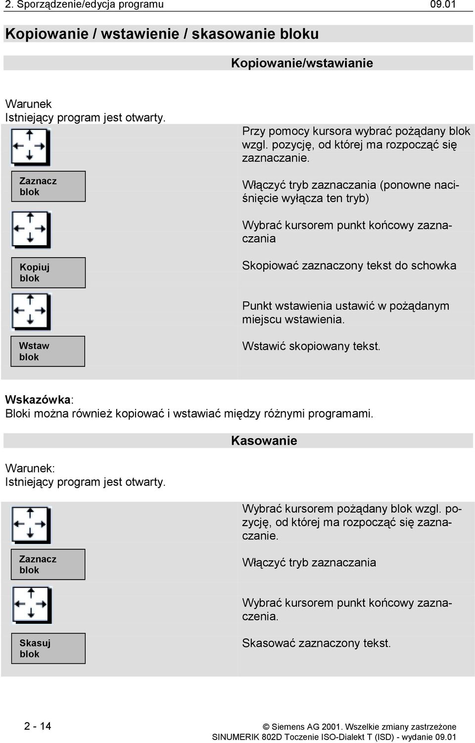 Włączyć tryb zaznaczania (ponowne naciśnięcie wyłącza ten tryb) Wybrać kursorem punkt końcowy zaznaczania Kopiuj blok Skopiować zaznaczony tekst do schowka Punkt wstawienia ustawić w pożądanym