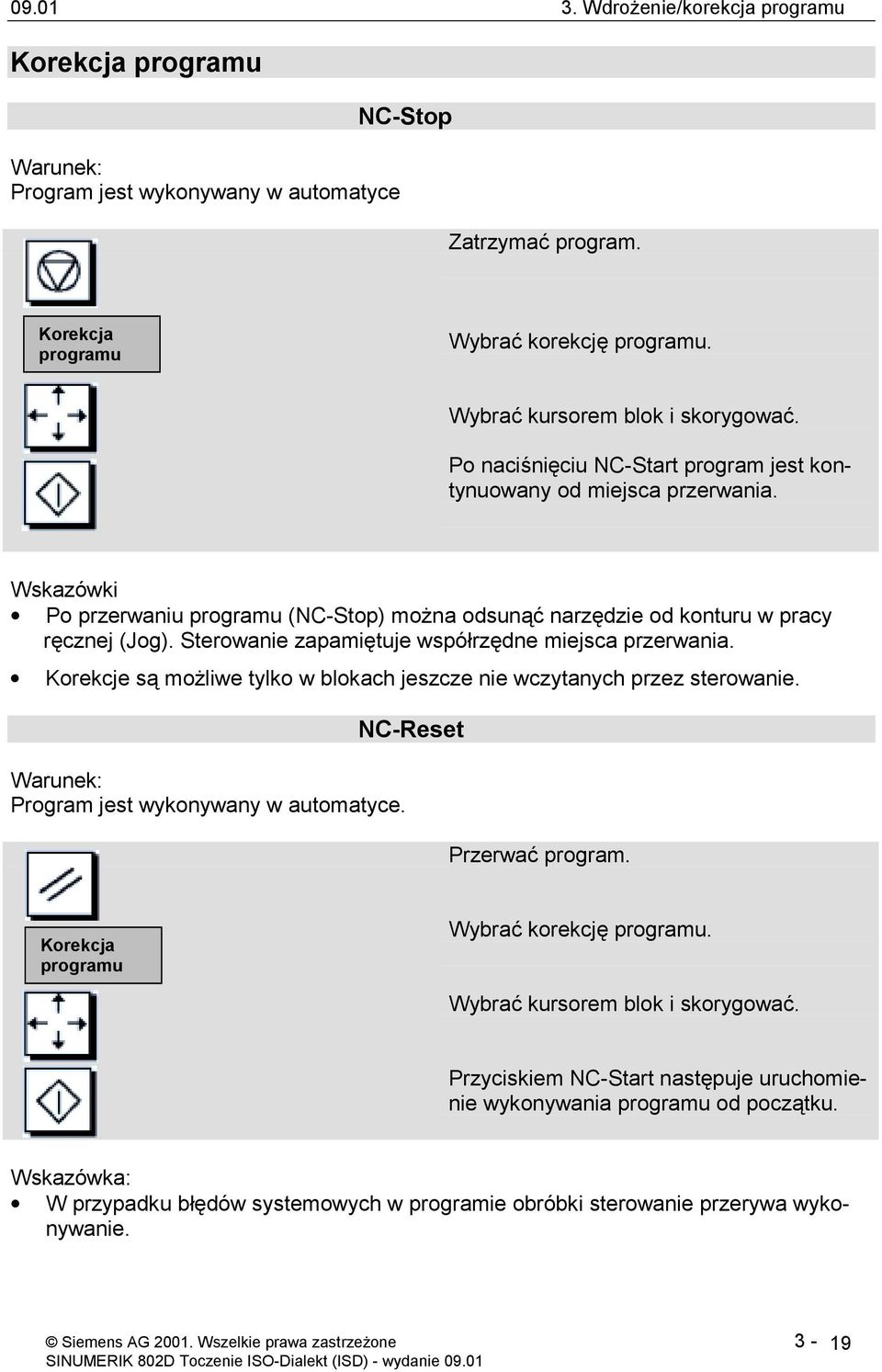 Wskazówki Po przerwaniu programu (NC-Stop) można odsunąć narzędzie od konturu w pracy ręcznej (Jog). Sterowanie zapamiętuje współrzędne miejsca przerwania.