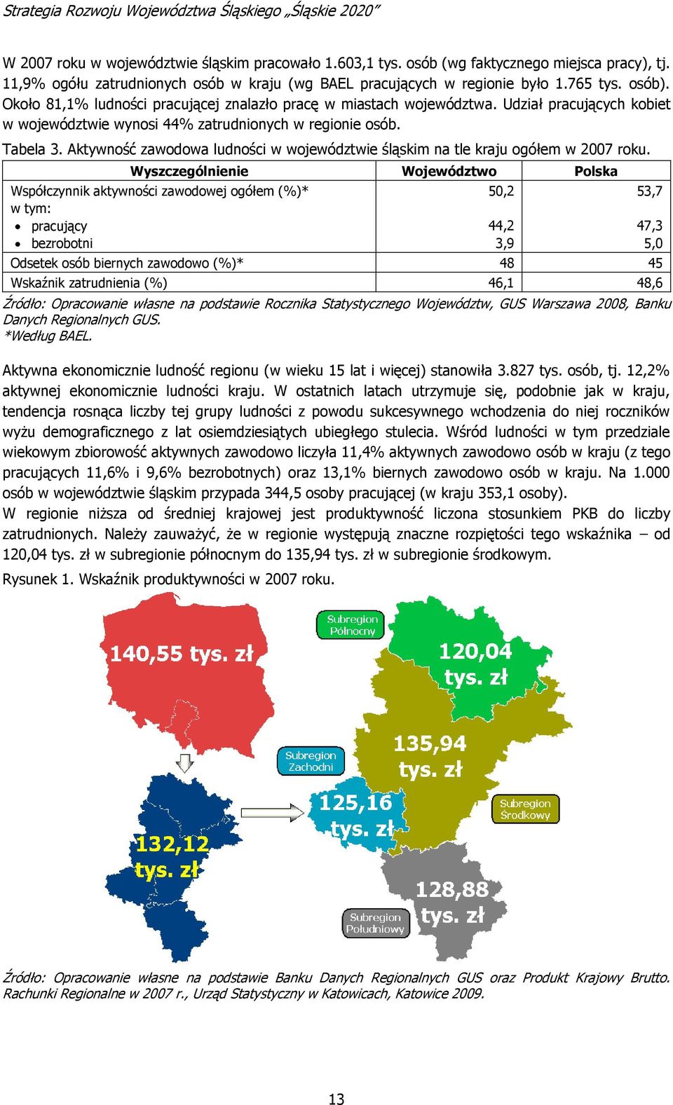 Aktywność zawodowa ludności w województwie śląskim na tle kraju ogółem w 2007 roku.