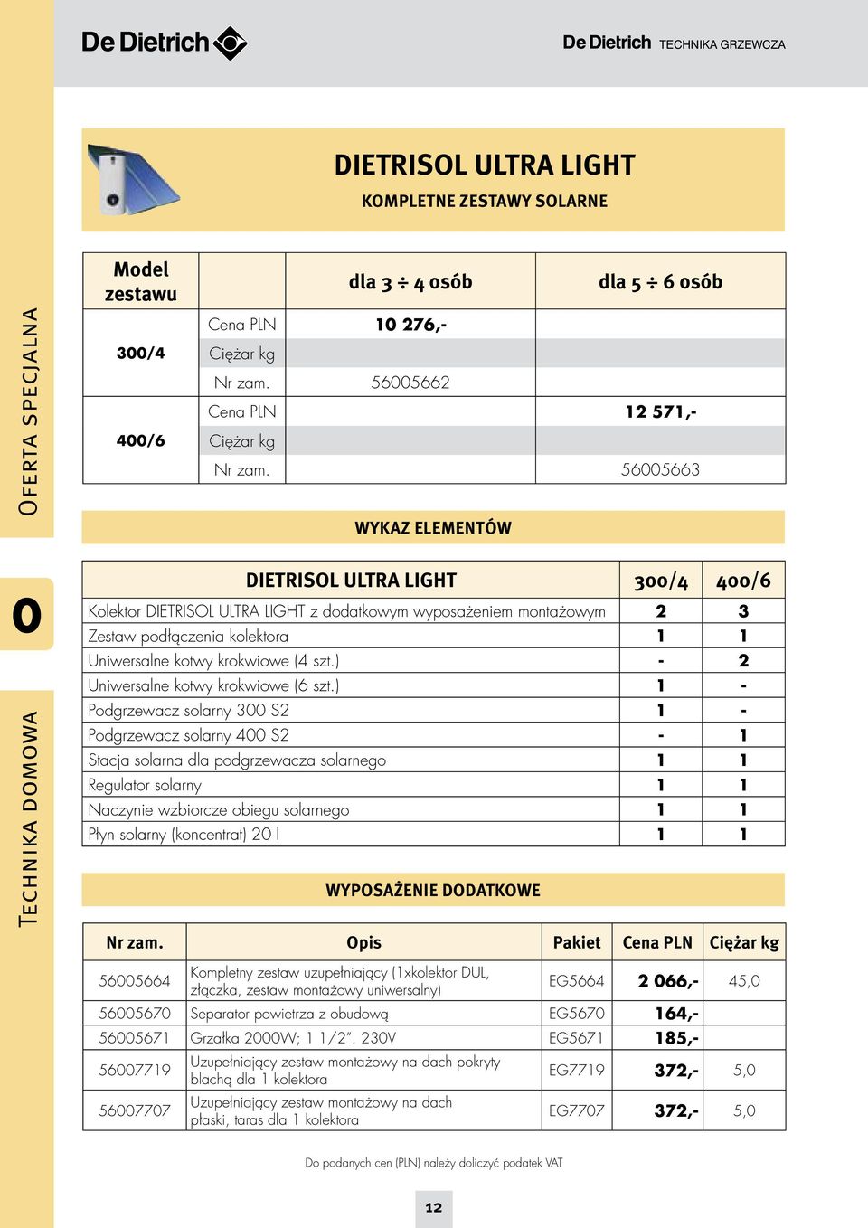 56005663 WyKAz ElEMENTóW DIETRISOl ultra light 300/4 400/6 Kolektor DIETRISOL ULTRA LIGHT z dodatkowym wyposażeniem montażowym 2 3 Zestaw podłączenia kolektora 1 1 Uniwersalne kotwy krokwiowe (4 szt.