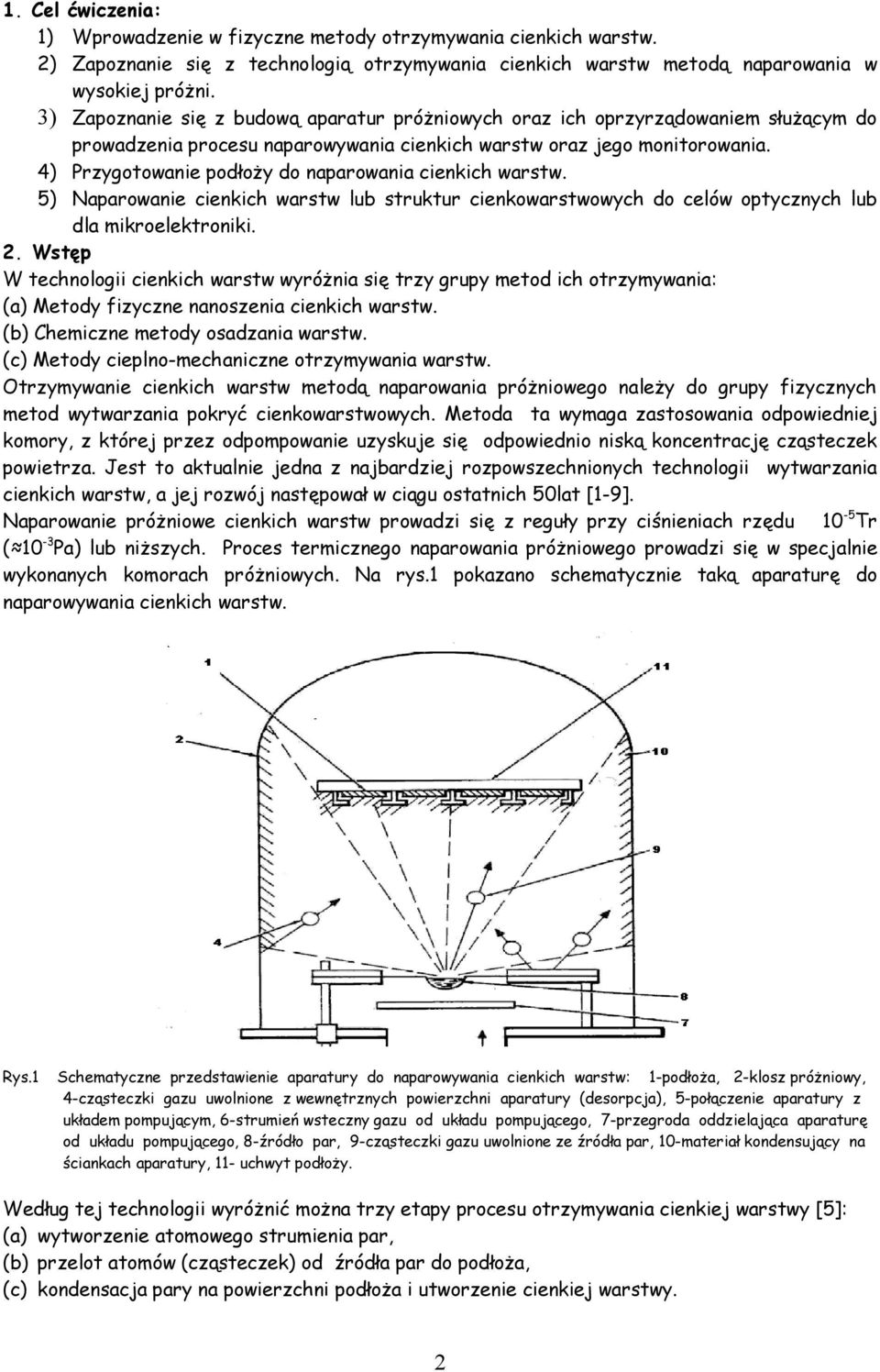 4) Przyotowanie podłoży do naparowania cienkich warstw. 5) Naparowanie cienkich warstw lub struktur cienkowarstwowych do celów optycznych lub dla mikroelektroniki. 2.