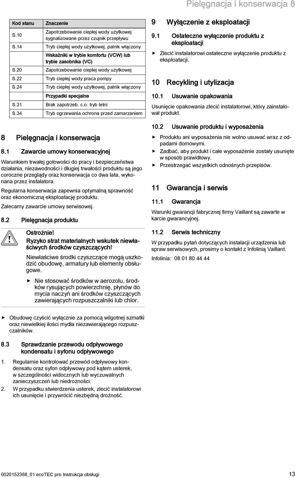 24 Tryb ciepłej wody użytkowej, palnik włączony Przypadki specjalne S.31 Brak zapotrzeb. c.o. tryb letni S.34 Tryb ogrzewania ochrona przed zamarzaniem 9 Wyłączenie z eksploatacji 9.