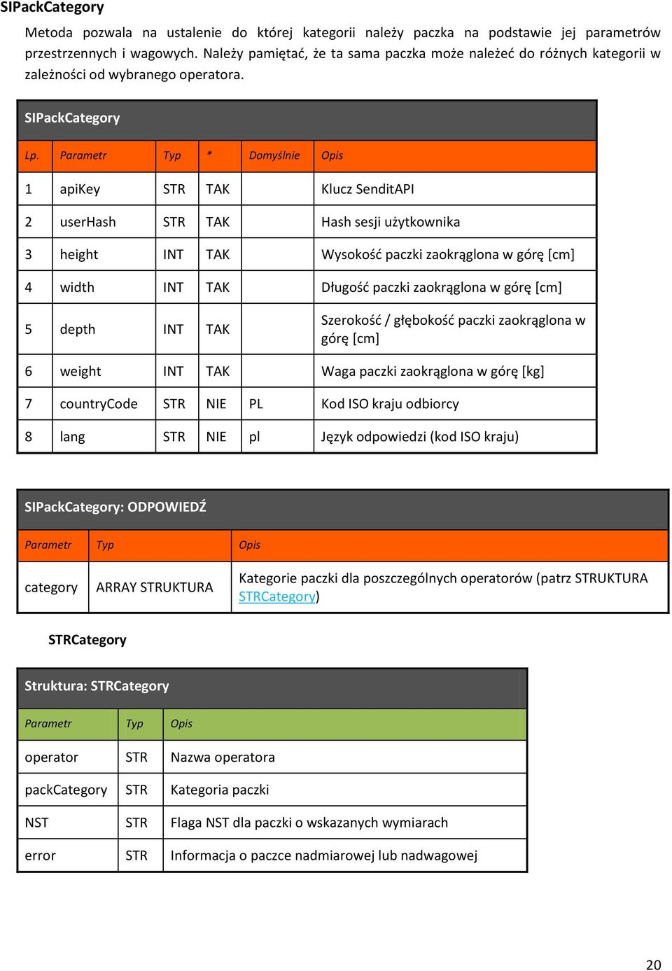 Parametr Typ * Domyślnie Opis 1 apikey STR TAK Klucz SenditAPI 2 userhash STR TAK Hash sesji użytkownika 3 height INT TAK Wysokość paczki zaokrąglona w górę [cm] 4 width INT TAK Długość paczki