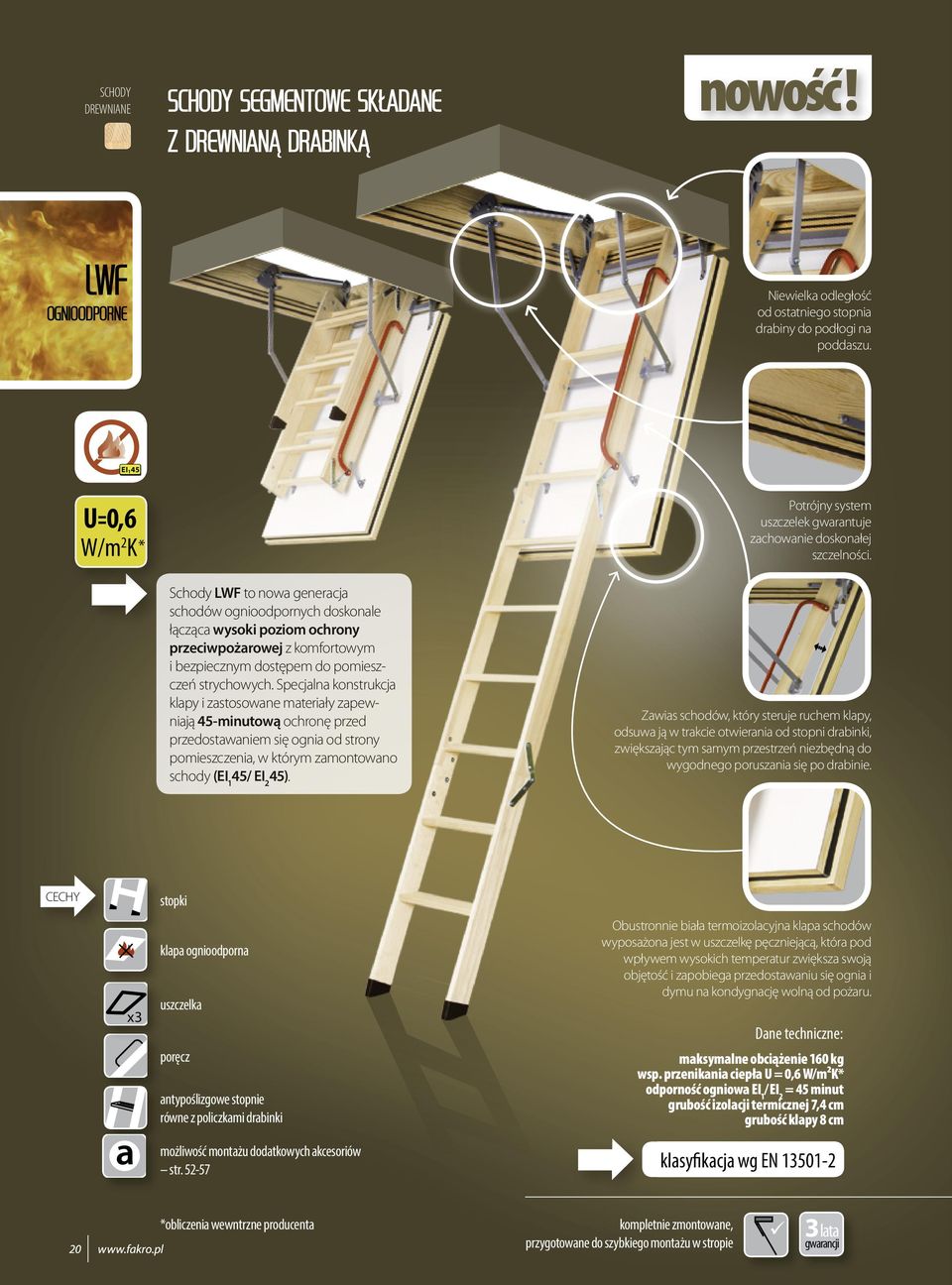 Specjalna konstrukcja klapy i zastosowane materiały zapewniają 45-minutową ochronę przed przedostawaniem się ognia od strony pomieszczenia, w którym zamontowano schody (EI 1 45/ EI 2 45).