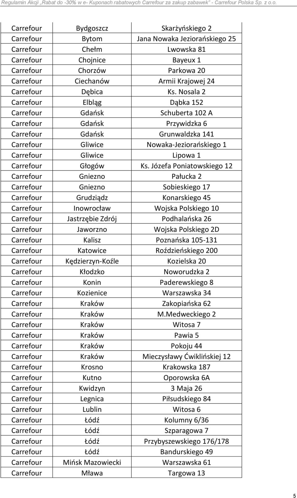 Józefa Poniatowskiego 12 Gniezno Pałucka 2 Gniezno Sobieskiego 17 Grudziądz Konarskiego 45 Inowrocław Wojska Polskiego 10 Jastrzębie Zdrój Podhalańska 26 Jaworzno Wojska Polskiego 2D Kalisz Poznańska