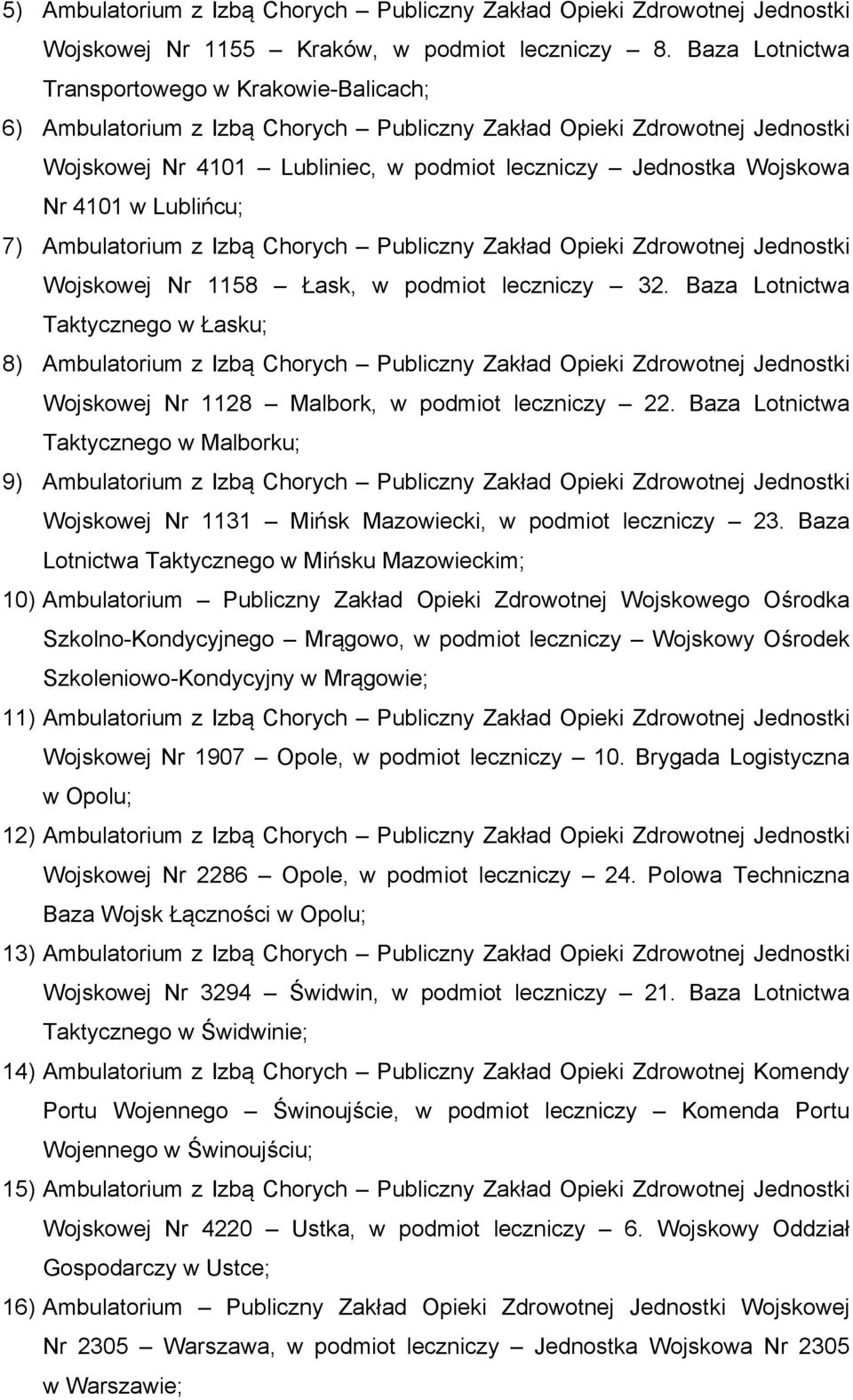 1158 Łask, w podmiot leczniczy 32. Baza Lotnictwa Taktycznego w Łasku; 8) Zdrowotnej Jednostki Wojskowej Nr 1128 Malbork, w podmiot leczniczy 22.