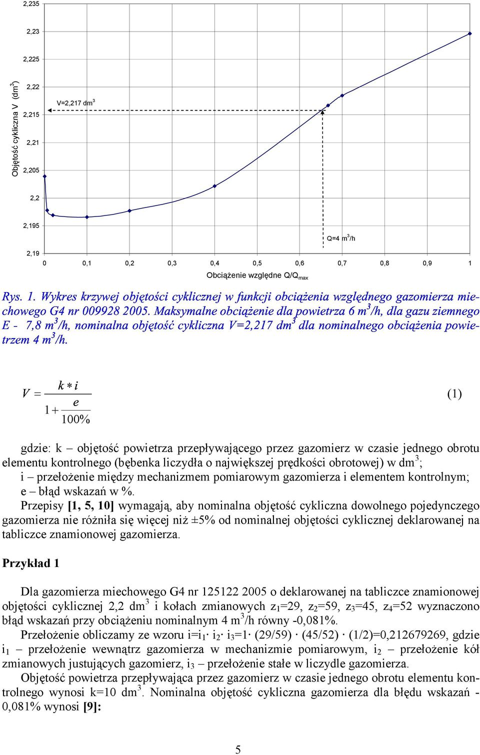 kontrolnego (bębenka liczydła o największej prędkości obrotowej) w dm 3 ; i przełożenie między mechanizmem pomiarowym gazomierza i elementem kontrolnym; e błąd wskazań w %.
